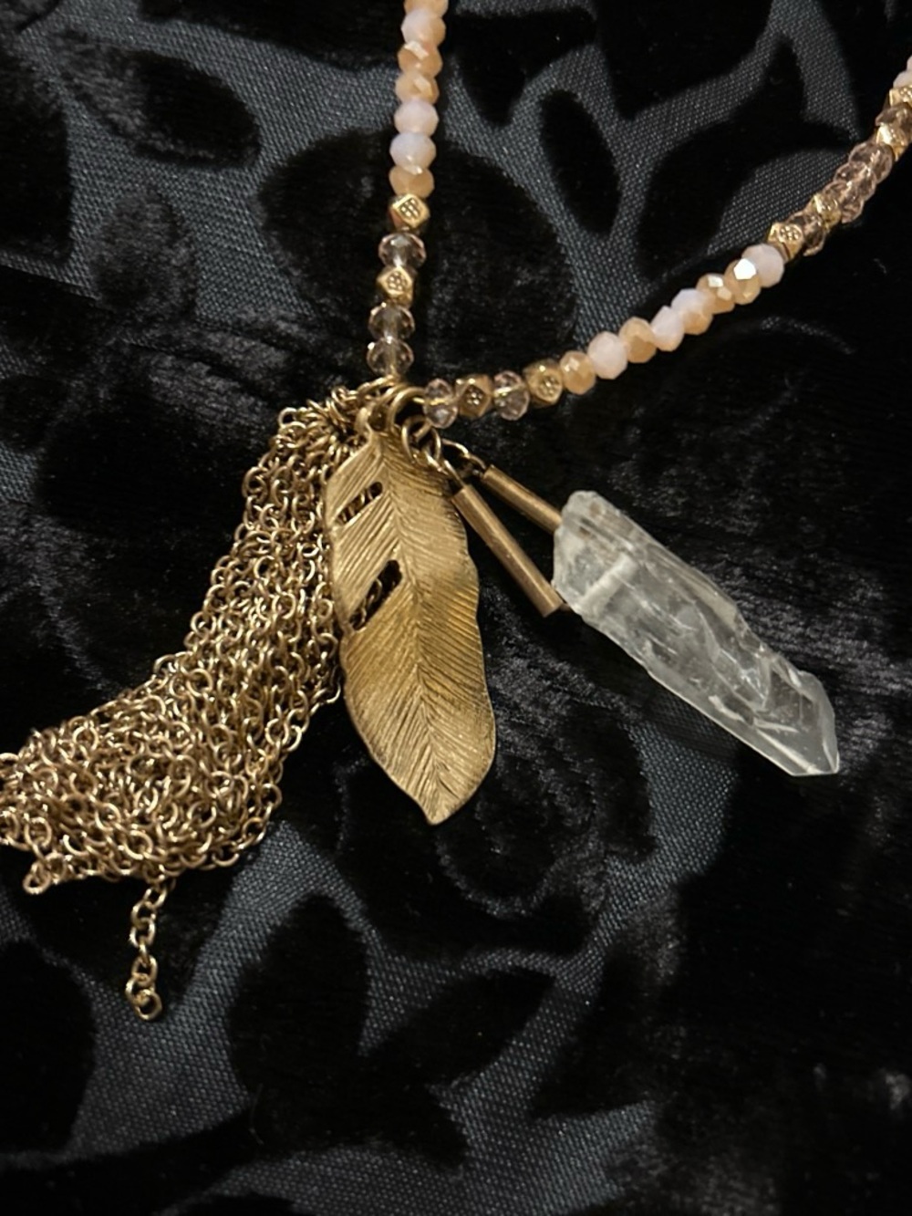 Gold and Blush Beaded Pendant Necklace with Feather & Crystal - Picture 2 of 2